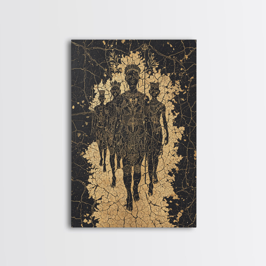 Golden Ancestral Silhouette Trio Wall Art, African Abstract Figures, Black Culture Art, Spiritual Afrocentric Decor Gift