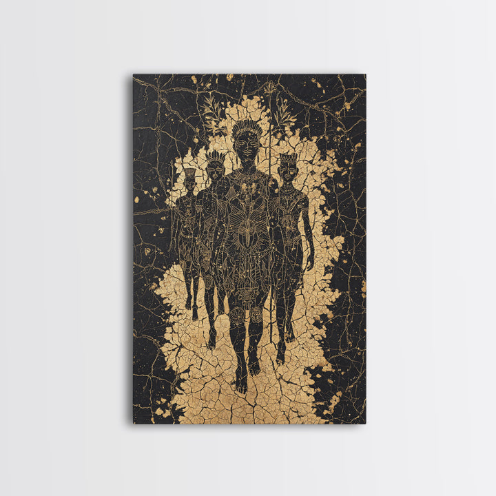 Golden Ancestral Silhouette Trio Wall Art, African Abstract Figures, Black Culture Art, Spiritual Afrocentric Decor Gift