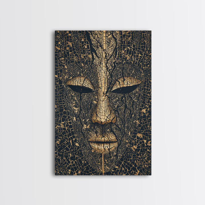 Cracked Gold African Mask Face Canvas Print, Abstract Tribal Portrait, Black And Gold Art, Afrocentric Wall Decor For Home
