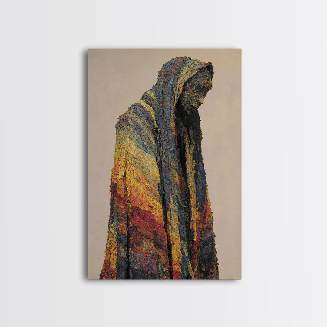 Hooded African Wanderer Wall Art, Textured Robe Portrait, Abstract Afrocentric Figure, Earth Tone Cultural Decor Canvas Print
