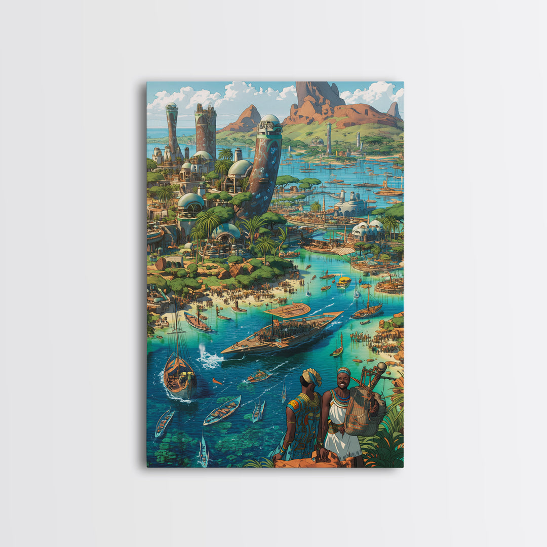 Afrofuturist Coastal African City With Boats Wall Art, African Art Prints, Afrocentric Decor, Vibrant Travel Poster, Living Room Decor