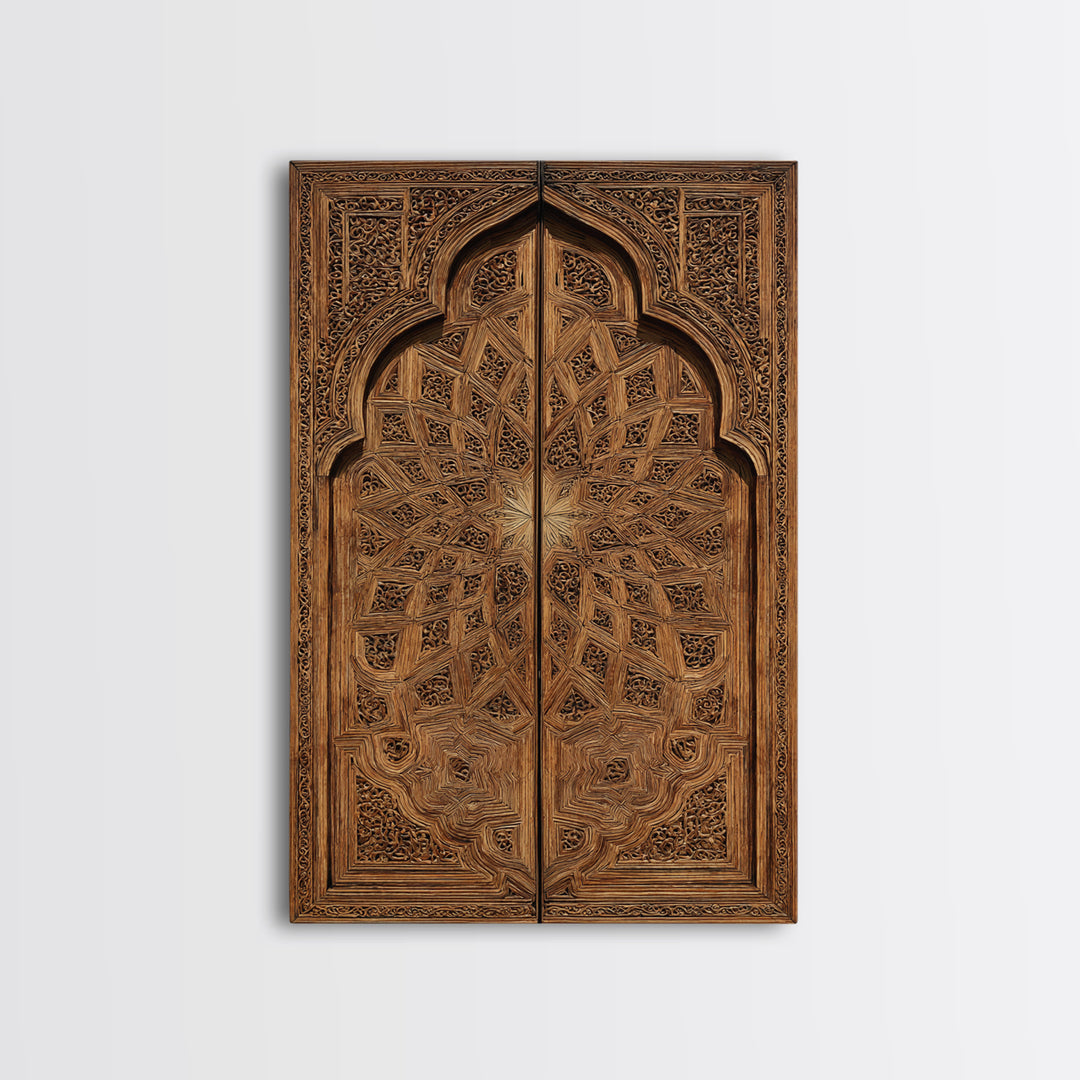 Geometric Moroccan Carved Wood Door Framed Canvas Print, African Wall Decor, Tribal Art Decor, Elegant Home Decor, Statement Piece