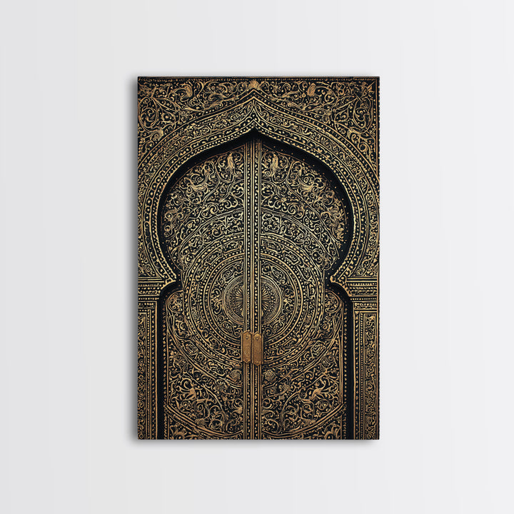 Black Gold Moroccan Mandala Door Framed Canvas Print, African Wall Decor, Luxury Canvas Art, Spiritual Home Decor, Statement Piece