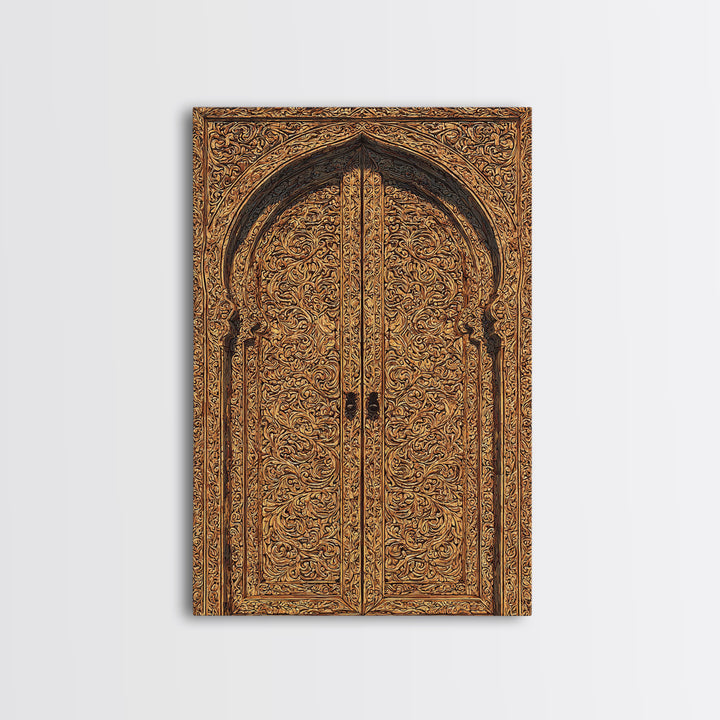 Golden Floral African Carved Door Canvas Print, African Art Decor, Elegant Home Decor, Bohemian Wall Decor, Wood Patterns