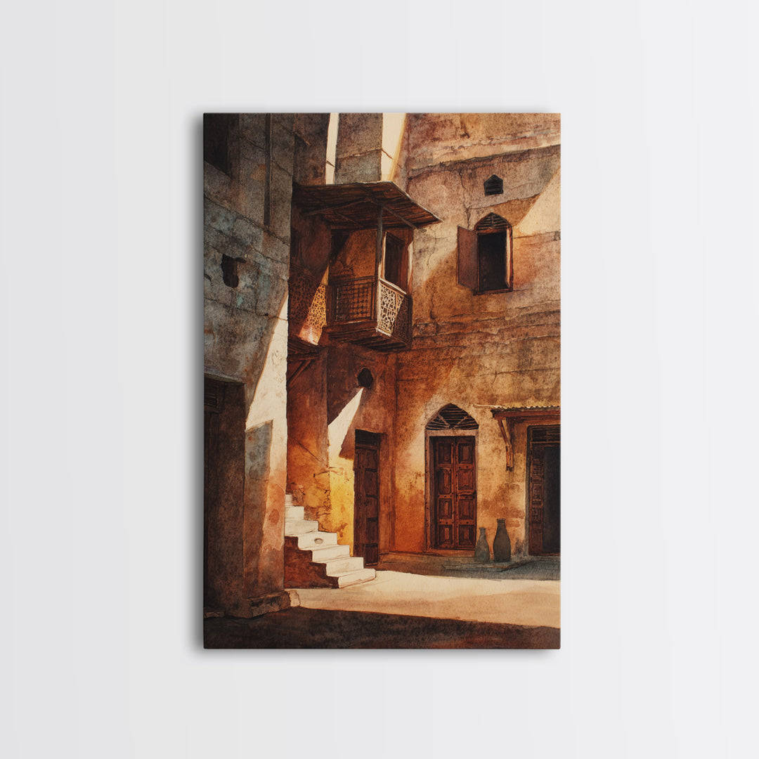 Sunlit African Stone Alley Framed Canvas Print, Moroccan Travel, African Architecture, Cultural Wall Decor, Rustic Home Decor