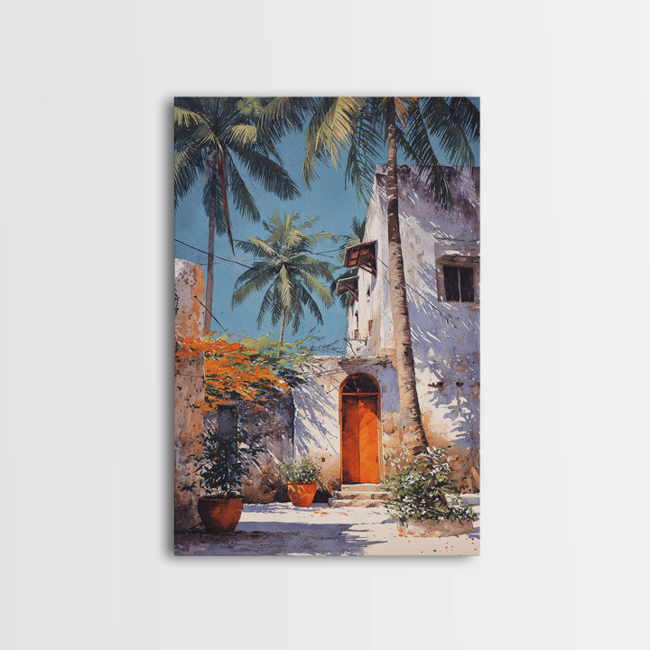 White Coastal African Courtyard Wall Art, Palm Tree Accent, Morocco Africa, Travel Poster, Bohemian Decor Art, Unique Wall Decor