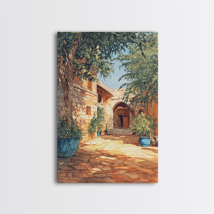 Leafy Stone African Courtyard Canvas Print, Elegant Home Decor, Cultural Wall Decor, Africa Painting, Living Room Decor Gift