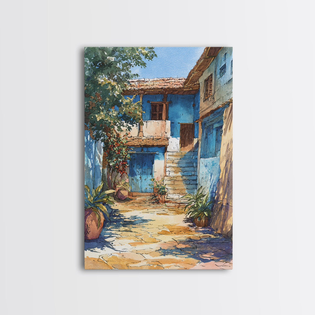 Blue African Village Courtyard Wall Art, Rustic Architecture, Africa Wall Decor, Travel Poster, Boho Home Decor, Unique Canvas