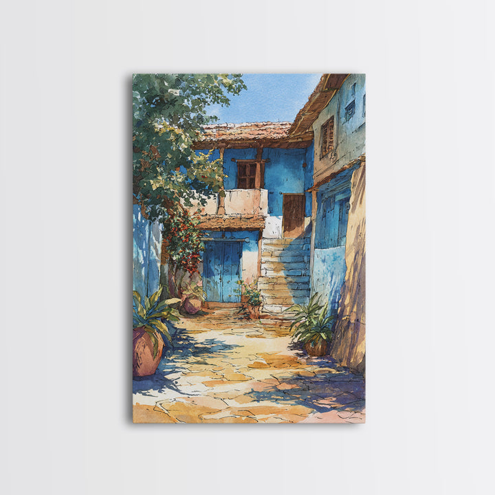 Blue African Village Courtyard Wall Art, Rustic Architecture, Africa Wall Decor, Travel Poster, Boho Home Decor, Unique Canvas