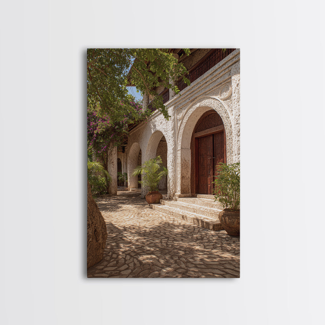 Arched African Veranda Courtyard Framed Canvas Print, Zanzibar Style, Cultural Home Decor, African Wall Decor, Statement Decor