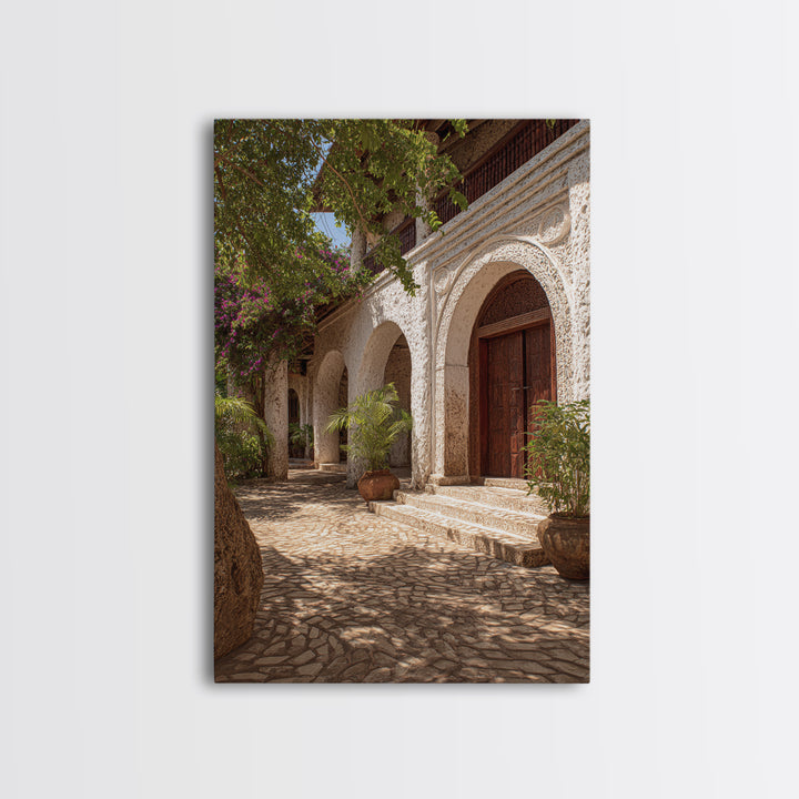 Arched African Veranda Courtyard Framed Canvas Print, Zanzibar Style, Cultural Home Decor, African Wall Decor, Statement Decor