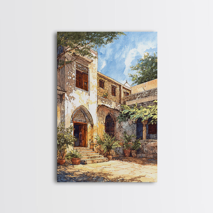 Historic African Stone Courtyard Canvas Print, Carved Door, Africa Painting, Cultural Wall Decor, Travel Poster, Elegant Home Decor