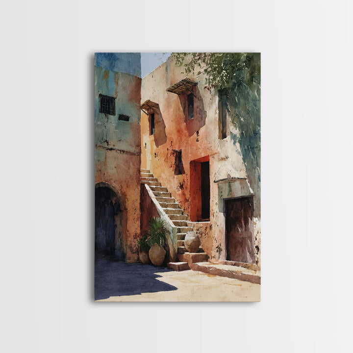 Sunlit Adobe African Alley Canvas Print, Terracotta Art Print, Rustic Decor, Cultural Wall Decor, Africa Painting, Unique Gift