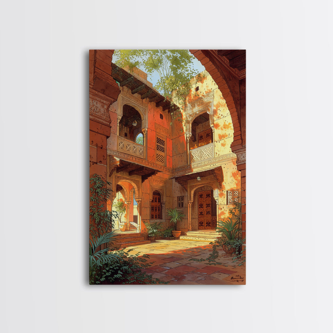 Sunlit Moroccan Courtyard With Arches Wall Art, African Inspired Home Decor, Terracotta Travel Poster, Boho Living Room Print