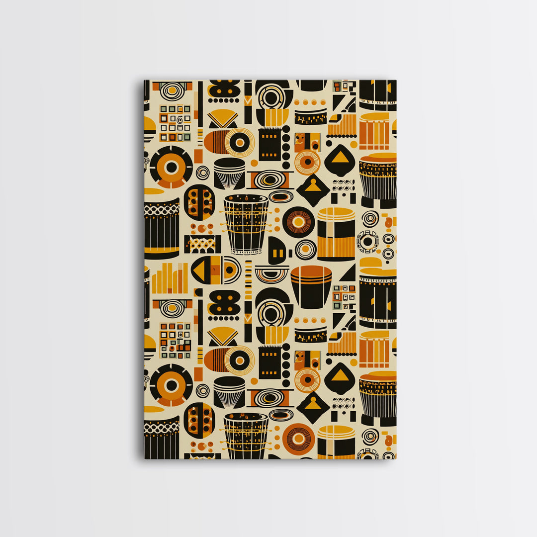 Bold African Drum Pattern Canvas Print, Tribal Textile Art, Orange Black Home Decor, Afrocentric Wall Decor Gift For Music Room