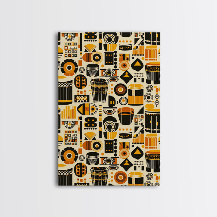 Bold African Drum Pattern Canvas Print, Tribal Textile Art, Orange Black Home Decor, Afrocentric Wall Decor Gift For Music Room
