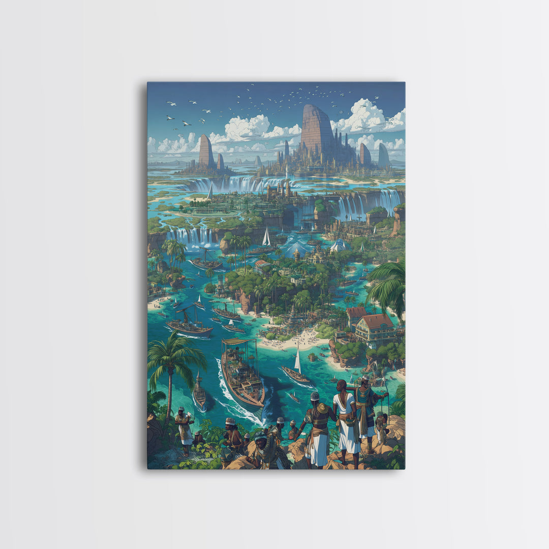 Afrofuturist Coastal Kingdom Wall Art, African Landscape Fantasy City, Blue Travel Poster, Modern Canvas Decor For Living Room