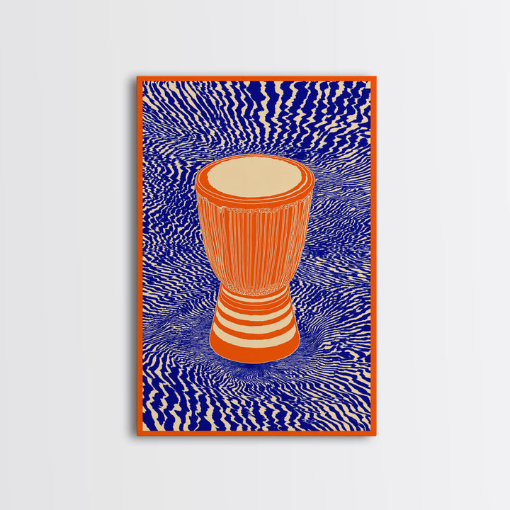 Orange Djembe Drum With Blue Waves Canvas Print, African Music Wall Art, Vibrant Tribal Decor, Bold Afrocentric Gift Print