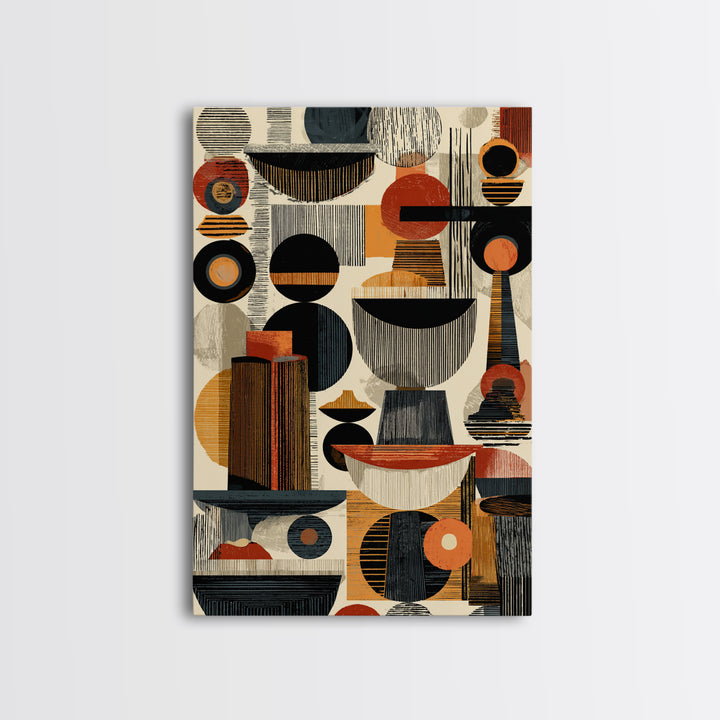 Midcentury African Abstract Shapes Wall Art, Terracotta Black Geometric Canvas Decor, Modern Tribal Home Decor Gift For Office