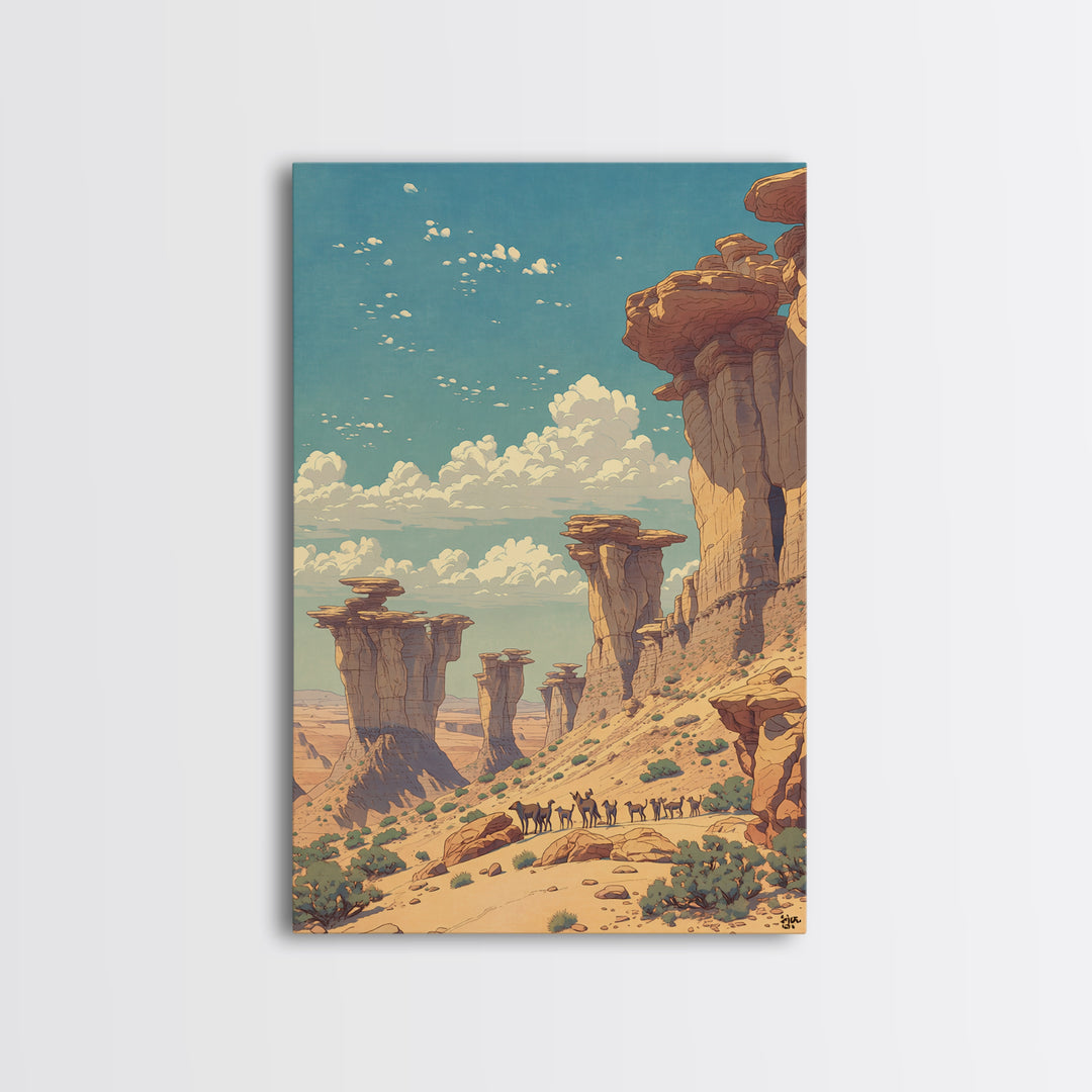 Desert Caravan Rock Pillars Wall Art, African Landscape Travel Poster, Sahara Nature Scene, Warm Boho Home Decor Gift Print