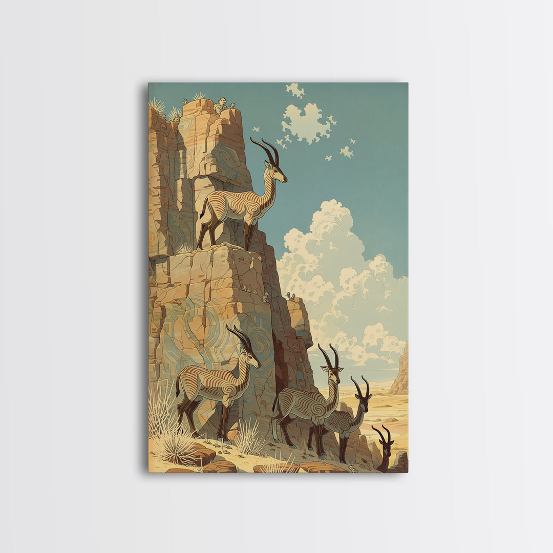 Desert Oryx On Sunlit Canyon Cliffs Canvas Print, African Safari Art, African Animal Art, Boho Wall Decor, Living Room Decor