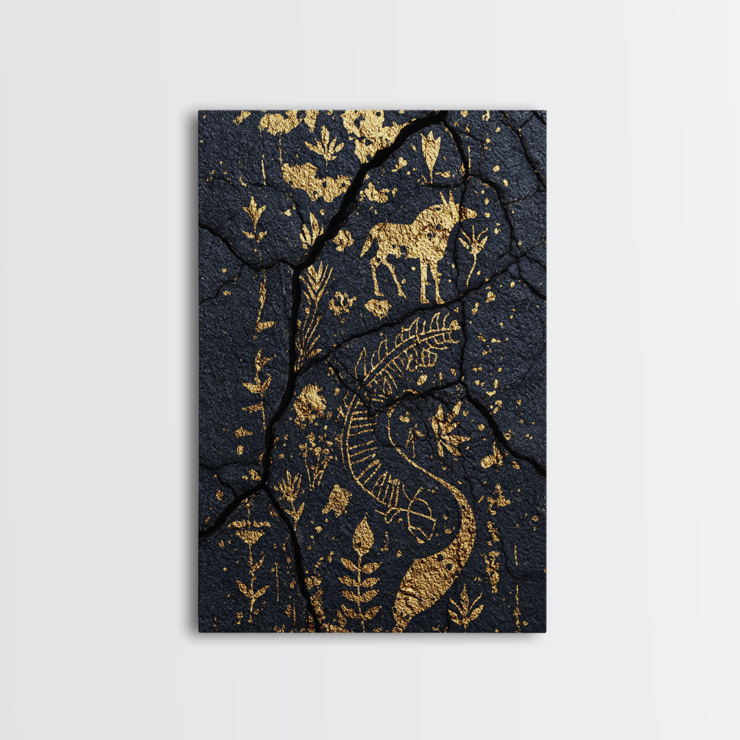 Gold Petroglyph Animals On Cracked Stone Framed Canvas Print, African Tribal Art, African Wall Art, Ethnic Wall Decor, Home Decor