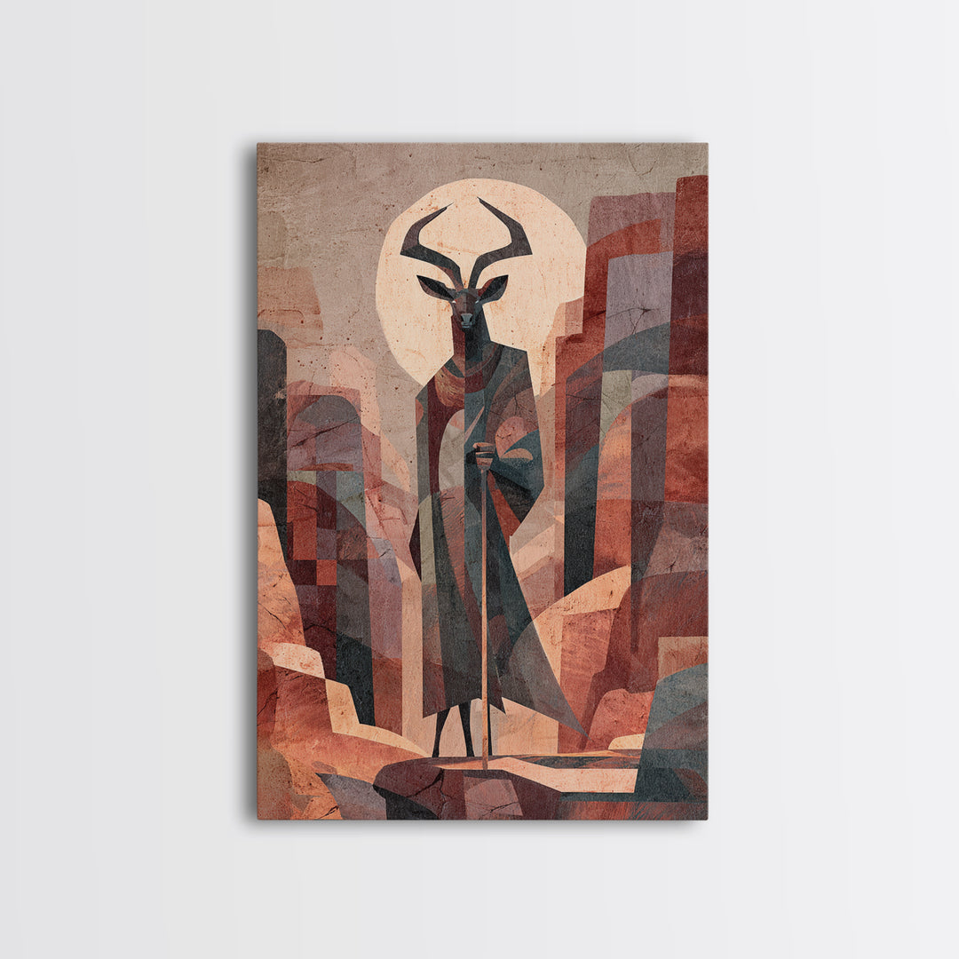 Antelope Mask Spirit In Abstract Cityscape Canvas Print, African Mask Art, Abstract African Art, Afrocentric Wall Art, Bold Decor