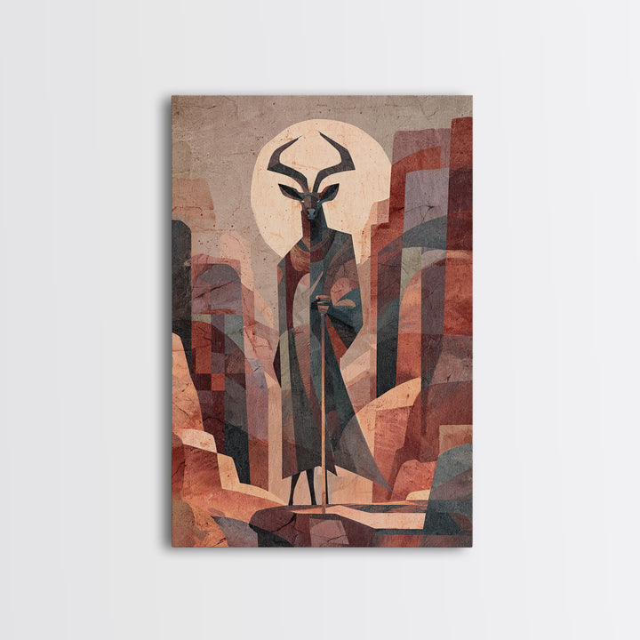 Antelope Mask Spirit In Abstract Cityscape Canvas Print, African Mask Art, Abstract African Art, Afrocentric Wall Art, Bold Decor