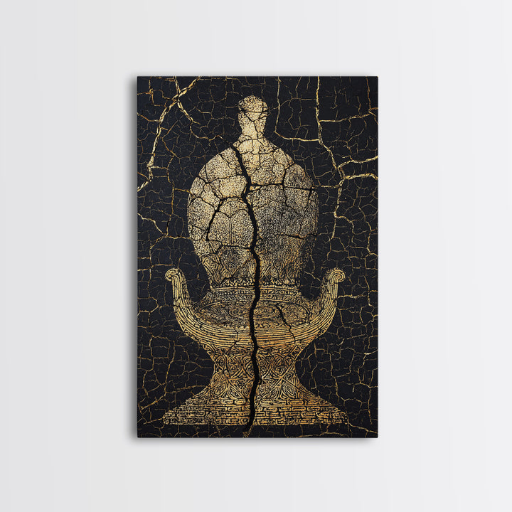 Gold Ancient Figure On Black Cracked Stone Framed Canvas Print, African Sculpture, African Art Decor, Tribal Art Print, Black Art