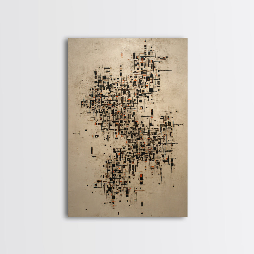 Abstract City Map Wall Art, Beige Black Geometric Canvas Print, Modern African Abstract Art, Office Decor, Urban Artwork