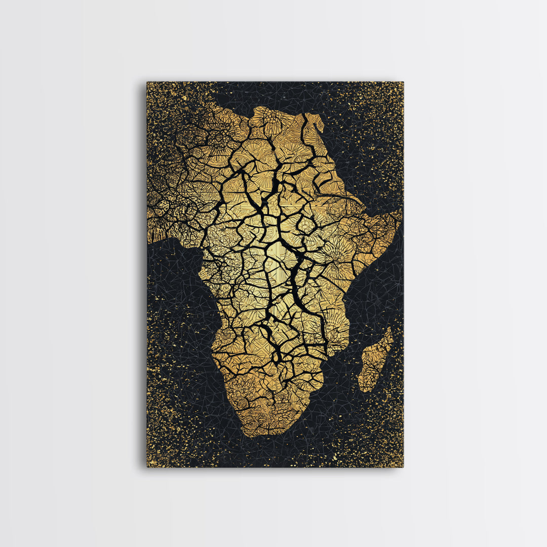 Cracked Gold Africa Silhouette Wall Art, Black Tree Root Canvas Print, African Landscape Decor, Motherland Artwork Gift Idea