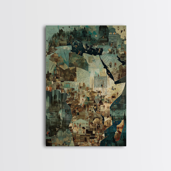 Africa City Collage Wall Art, Teal Architectural Canvas Print, African Travel Poster, Modern Cultural Home Decor Artwork