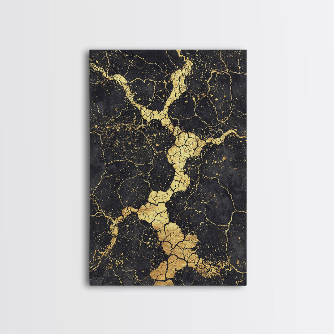 Black Gold Cracked Abstract Wall Art, Marble Texture Canvas Print, Luxury Modern Art, Earth Tone Home Decor Artwork Gift