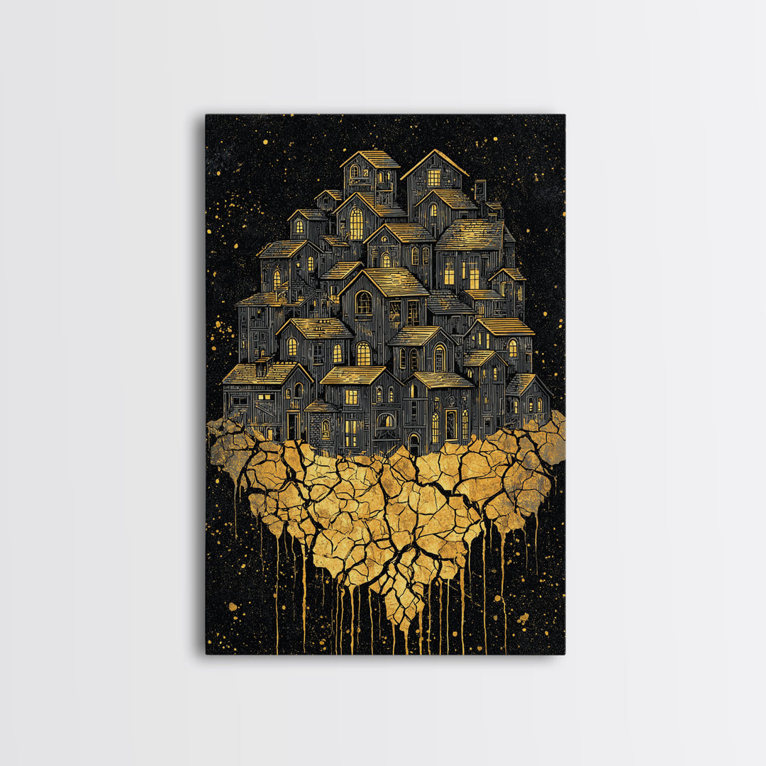 Golden Village On Africa Wall Art, Black Night Houses Canvas Print, Afrocentric Landscape Decor, Unique Motherland Artwork