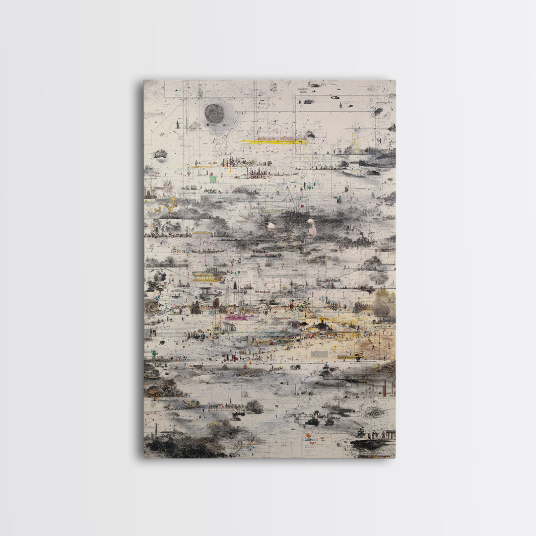 Abstract Monochrome City Grid With Tiny Figures Wall Art, Modern African Inspired Urban Map, Neutral Gallery Home Decor Print