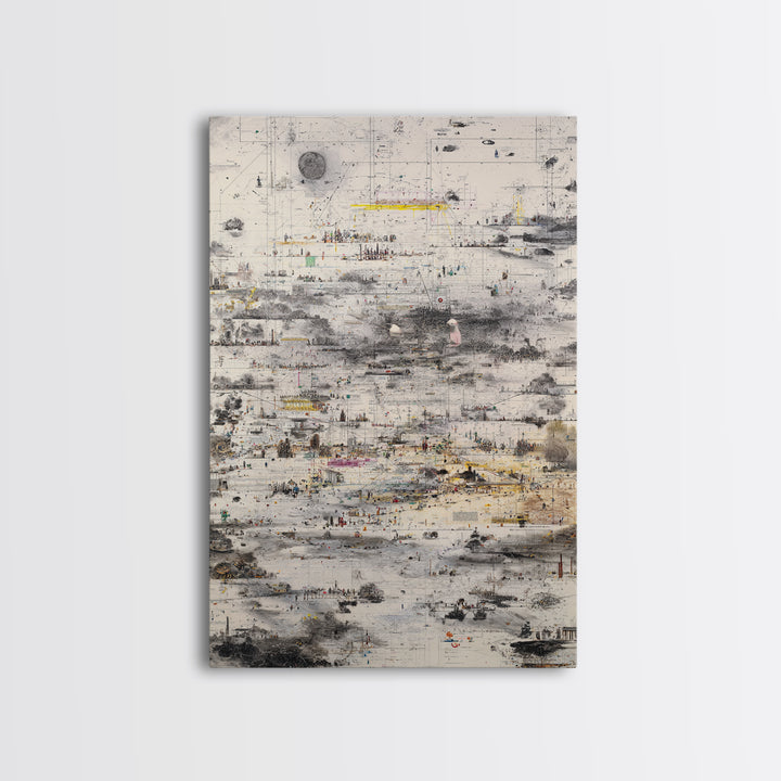 Abstract Monochrome City Grid With Tiny Figures Wall Art, Modern African Inspired Urban Map, Neutral Gallery Home Decor Print