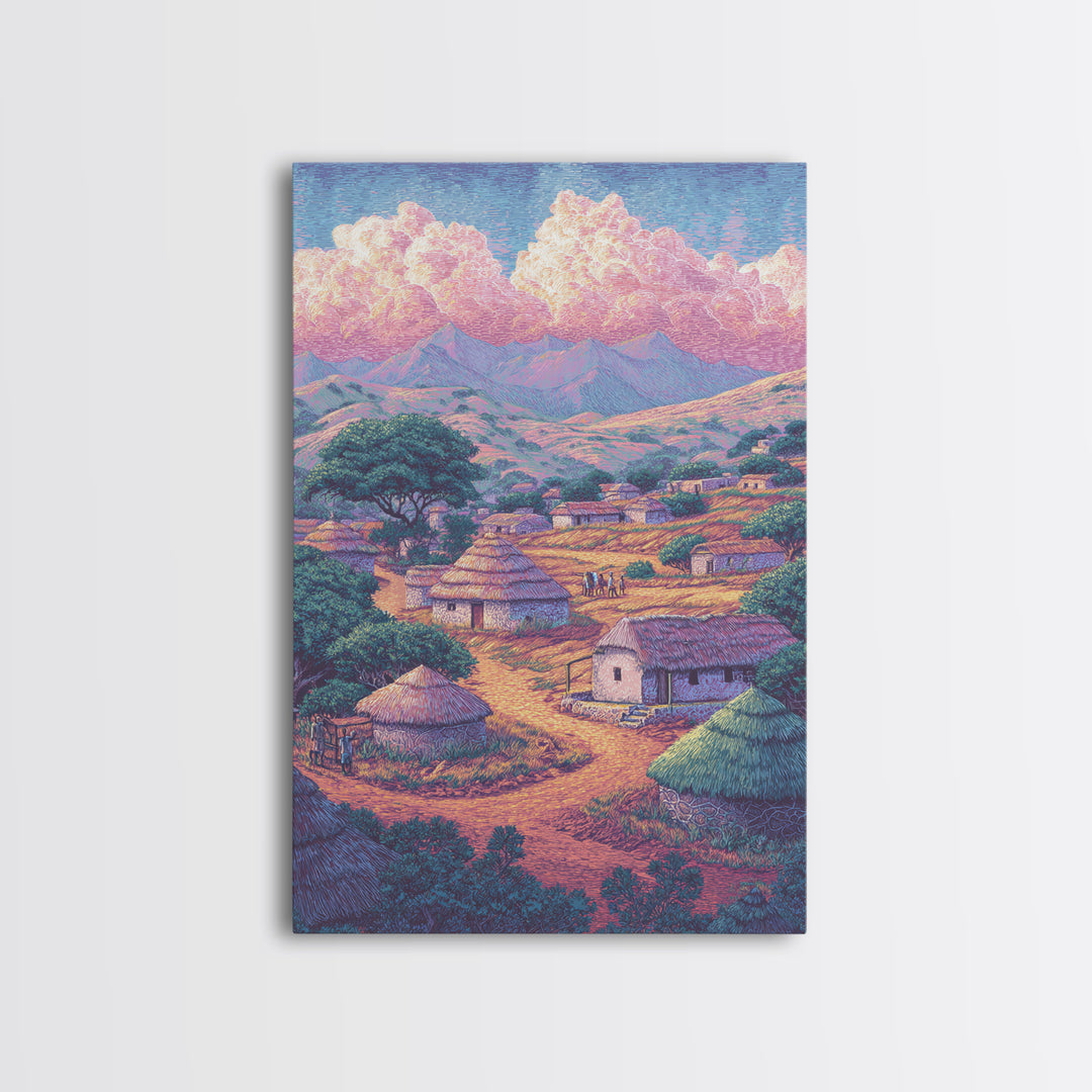 Colorful African Village Huts Beneath Pink Clouds Canvas Print, Mountain Landscape, Cultural Home Decor, Motherland Wall Art