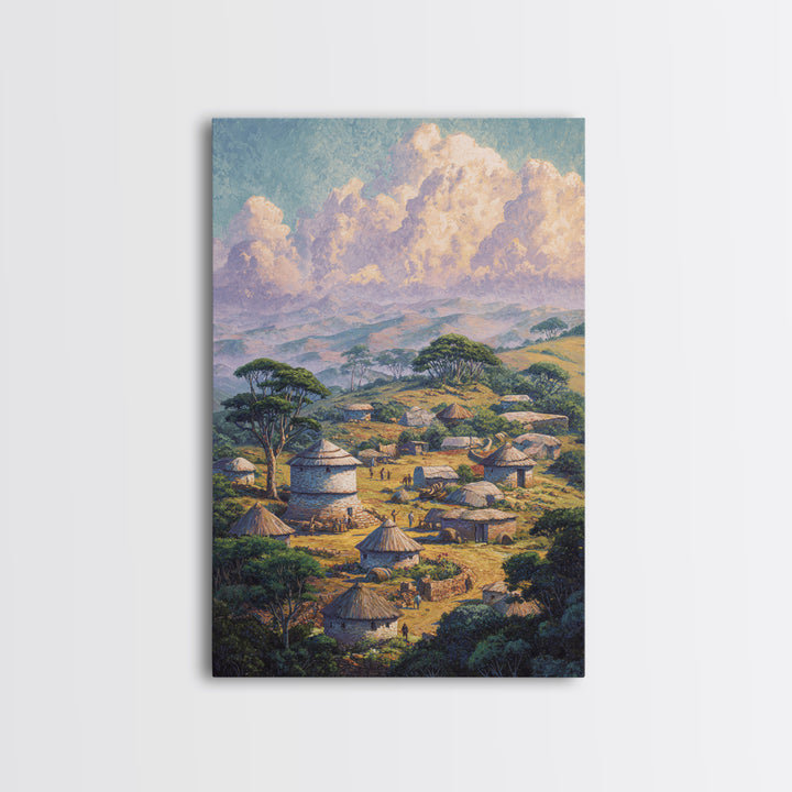 Serene African Village With Huts And Acacia Trees Wall Art, Safari Landscape Canvas Print, Cultural Home Decor Gift For Living Room