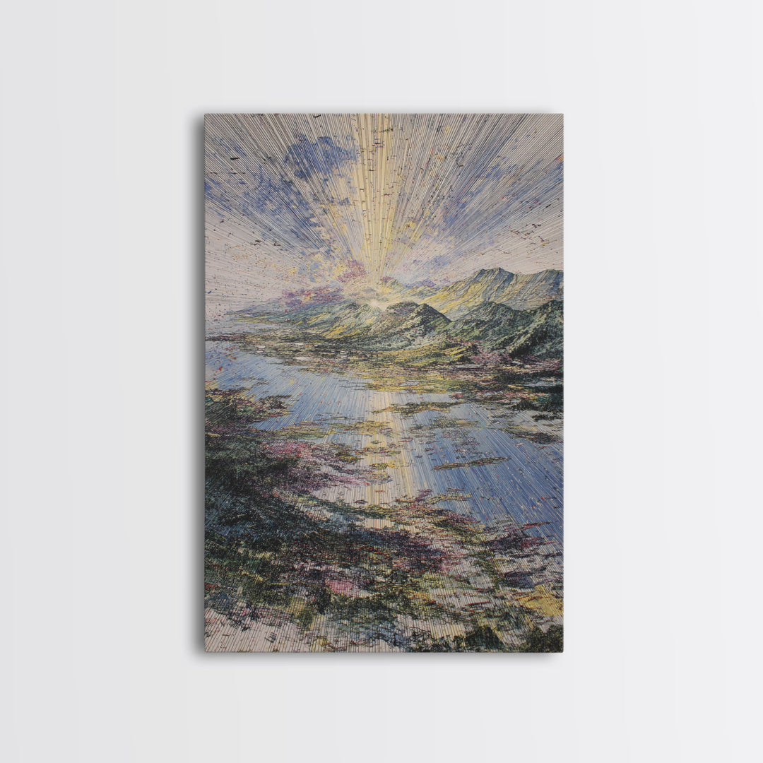 Radiant Sunrise Over African Lake And Mountains Framed Canvas Print, Abstract Landscape Wall Art, Dreamy Nature Home Decor
