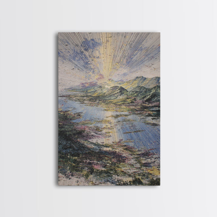 Radiant Sunrise Over African Lake And Mountains Framed Canvas Print, Abstract Landscape Wall Art, Dreamy Nature Home Decor