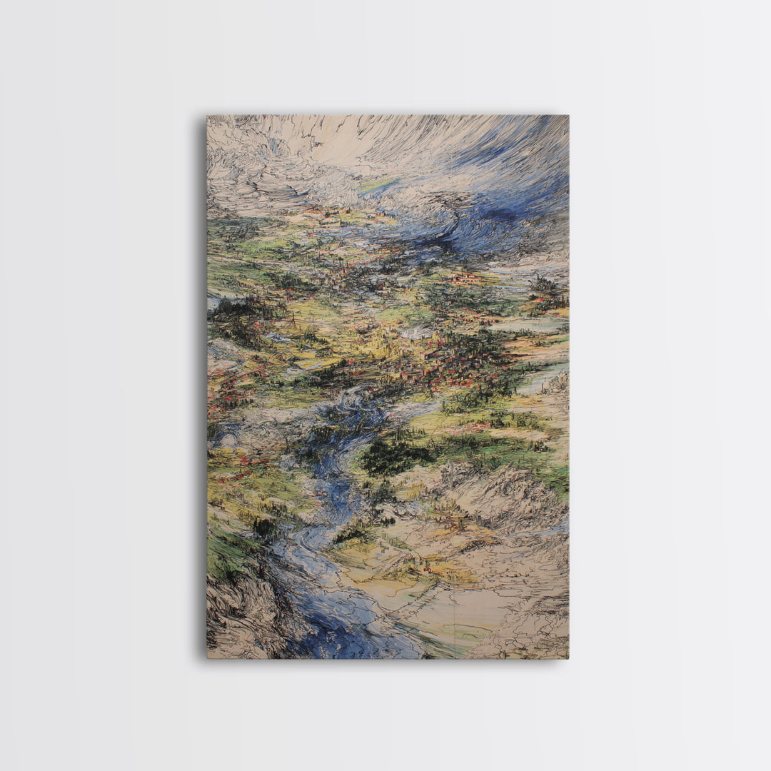 Sweeping River Valley And Mountain Village Wall Art, African Landscape Canvas Print, Textured Nature Scene For Living Room