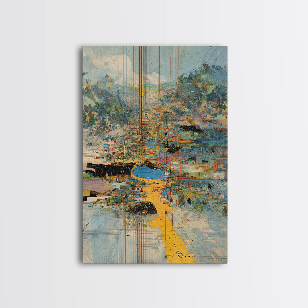 Abstract Riverside City With Golden Path Wall Art, Modern African Inspired Landscape Canvas Print, Colorful Home Decor Gift