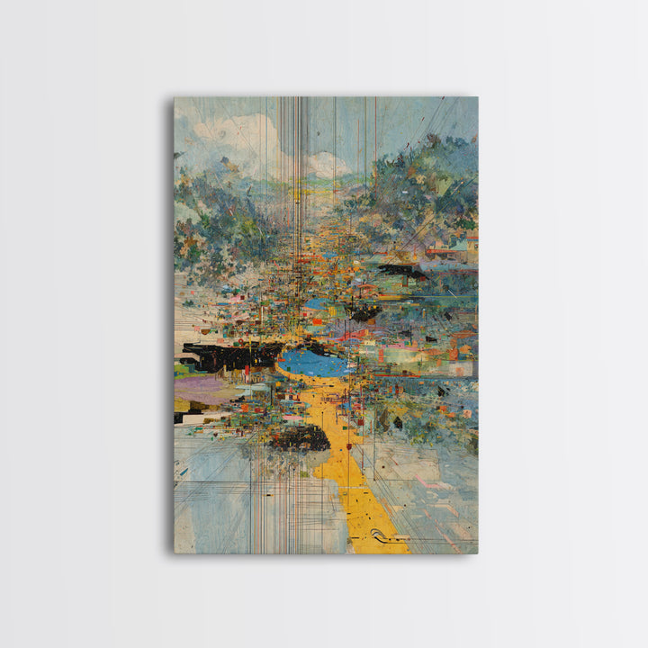 Abstract Riverside City With Golden Path Wall Art, Modern African Inspired Landscape Canvas Print, Colorful Home Decor Gift