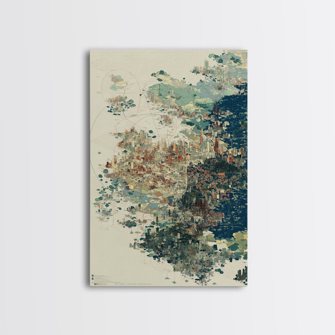 Abstract Coastal City Map In Teal And Indigo Canvas Print, Modern African Inspired Wall Art, Geometric Urban Home Decor Gift