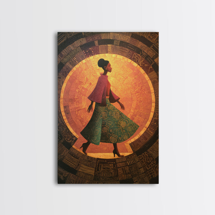 Elegant African Woman In Green Patterned Skirt Wall Art, Golden Halo Canvas Print, Afrocentric Black Beauty Home Decor Gift