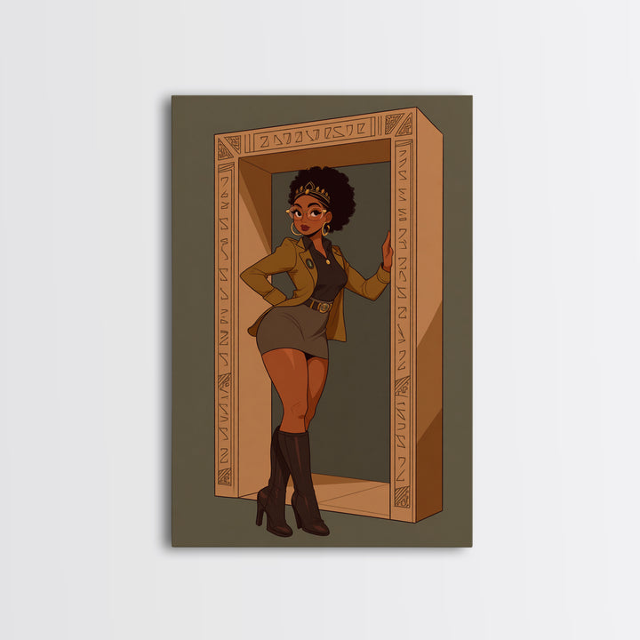 Stylish Black Queen In Carved Doorway Canvas Print, African American Comic Wall Art, Empowered Woman Fashion Home Decor Gift