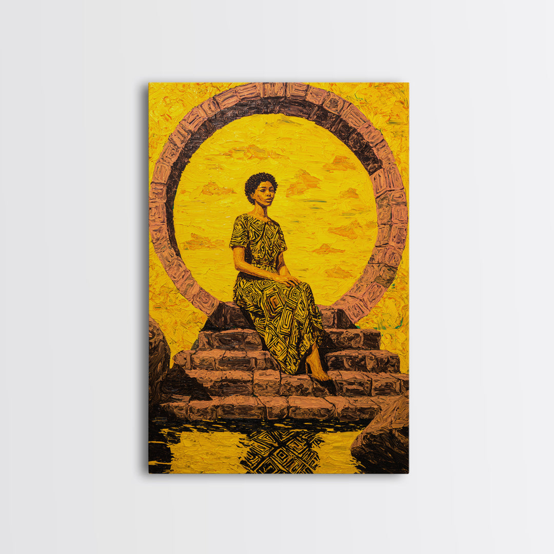 Golden African Woman By Sacred Stone Arch Canvas Print, Afrocentric Wall Decor, Black Queen Portrait, Ankara Home Decor Gift