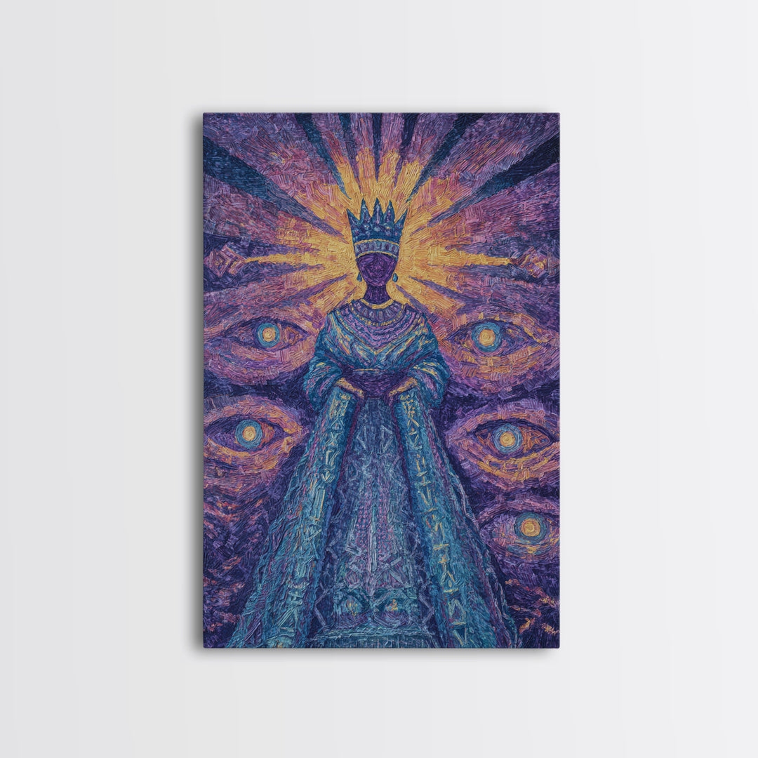 Mystical African Queen With Radiant Eyes Framed Canvas Print, Afrocentric Wall Art, Black Goddess Portrait, Spiritual Decor