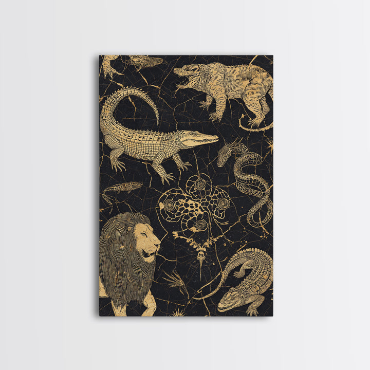 Gold Engraved Safari Animals Wall Art, African Animal Art, Tribal Wildlife Decor, Lion Crocodile Snake Canvas Print Style