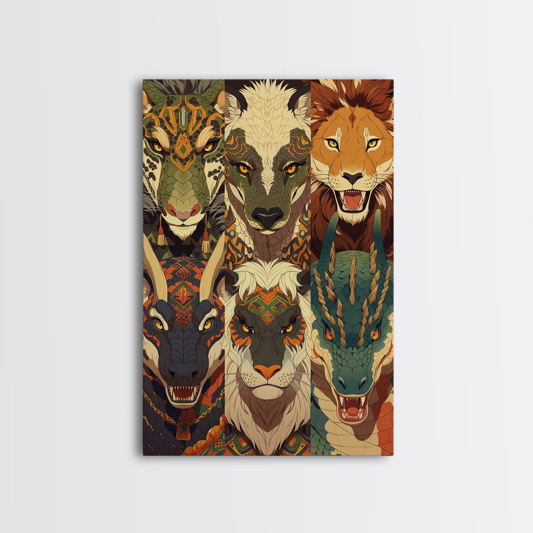 Six Tribal Safari Animal Totems Canvas Print, African Inspired Wall Decor, Lion Elephant Giraffe Dragon, Bold Home Decor
